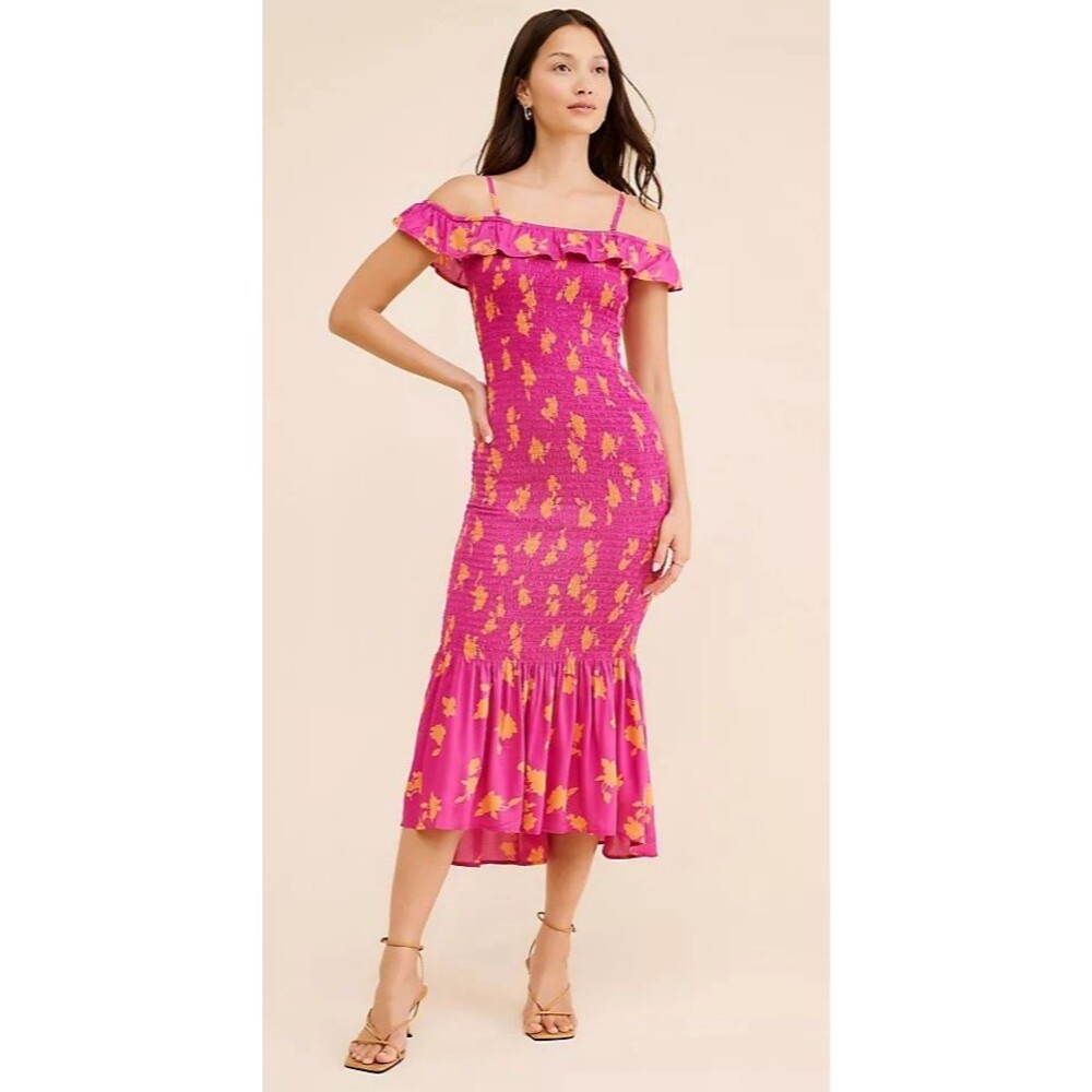 Anthropologie Smocked Dress Size XL Pink Sleeveless Printed Fitted Stretch Midi